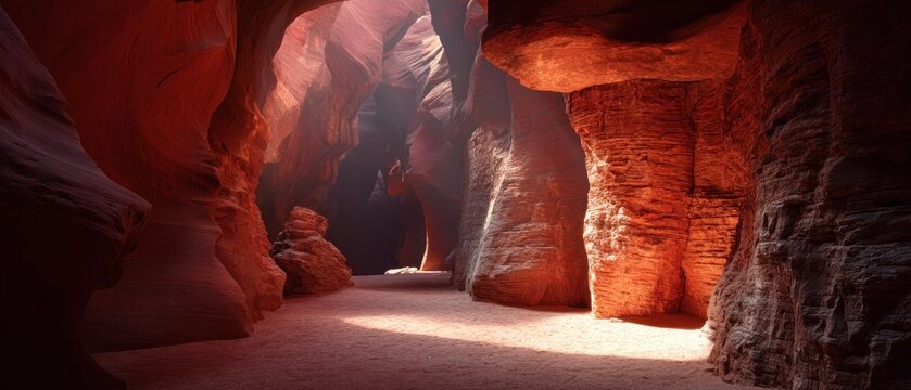 Dramatic cavern interior with sunlight illuminating stone formations