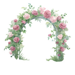 Watercolor painting of a rose arch, isolated on transparent background, soft colors