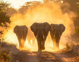 African elephants herd walking down a dusty road at sunset
