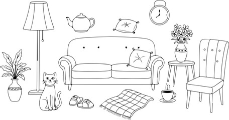 Cozy living room sketch with sofa, cat, and warm tea, creating a homely feeling with hand-drawn elements suitable for relaxation and comfort concepts