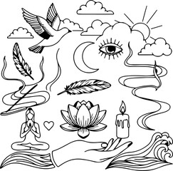 Mystical wellness set for meditation, yoga, and spiritual growth with symbolic elements, designed for relaxation and mindful living practices, vector based