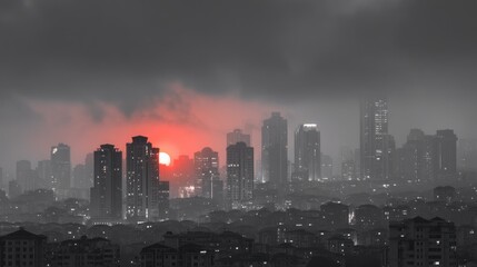 Fototapeta premium A city skyline at sunset with a red sun and a foggy background, featuring tall buildings and a mix of modern and older structures.