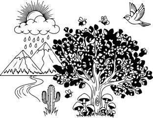 Whimsical nature scene with tree, mountains, sun, rain, bird, cactus and butterflies, perfect for children's books or educational materials, original vector art