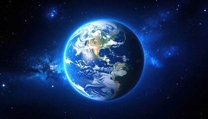 Obraz premium Glowing Earth Planet In Deep Space With Twinkling Stars And Nebula Clouds Dynamic Abstract Light Streaks Across The Blue Background.