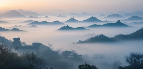 Mist Shrouded Mountains Over a Valley With a Traditional Pagoda At Sunrise, Dreamy Horizon

