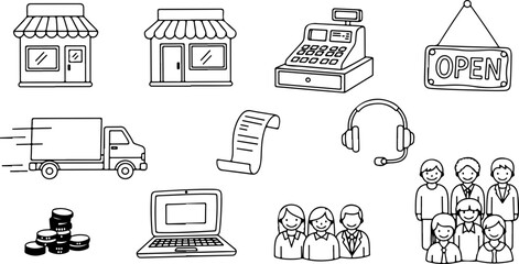 Open for business icons showing storefront, cashier, online order, customer service, delivery truck, staff, payments and more, ready for your project