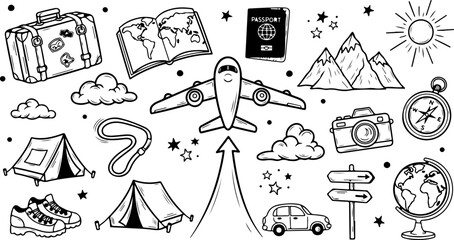 Dreamy travel adventures await! Pack your bags, explore the world, and create unforgettable memories with this charming doodle art vacation design