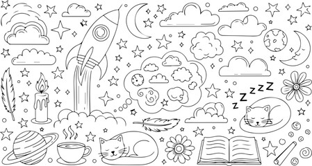 Enchanting Dreamscape Line Art Featuring Rocket, Sleeping Cat, Stars and Moon for Creative Projects and Whimsical Designs