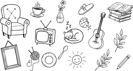 Cozy doodle collection for relaxation and comfort a harmonious blend for home decor, vector sketches bringing warmth and style to any design project