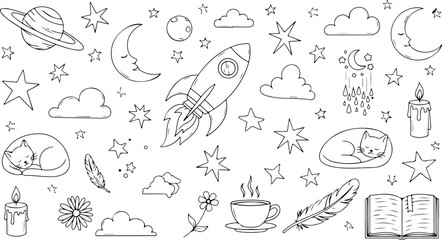 Enchanting dreamscape illustration featuring celestial elements, cozy comforts, and serene vibes for creative projects, ideal for whimsical designs