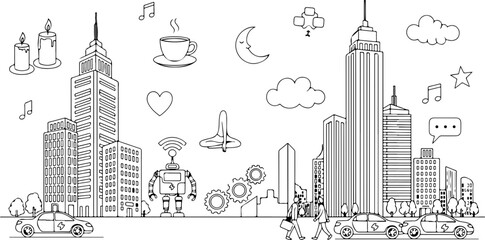 Modern cityscape with robot, coffee, and icons offers a vibrant, creative, and innovative feel, perfect for tech, urban, or lifestyle themes and projects