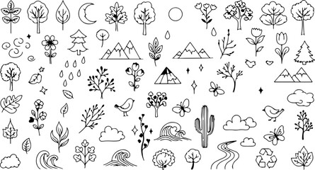 Delightful nature doodles collection perfect for whimsical designs, invitations, and creative projects, originally a scalable vector graphic for versatility
