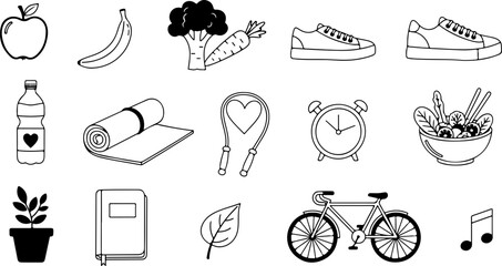 Healthy lifestyle elements promoting wellness and fitness goals, perfect for nutrition blogs, exercise guides, and health campaigns, originally vector graphics