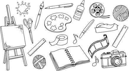 Creative art tools collection for artistic projects, sketching and crafting, featuring paintbrush, easel, camera, notebook, and more for design inspiration