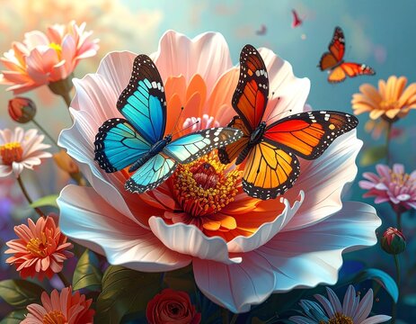 Beautifully colored butterflies resting on flowers