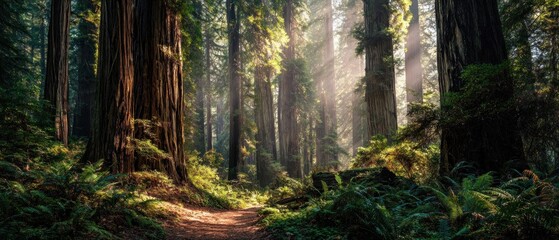 Fototapeta premium Sunlight streams through giant redwood trees in a lush green forest landscape