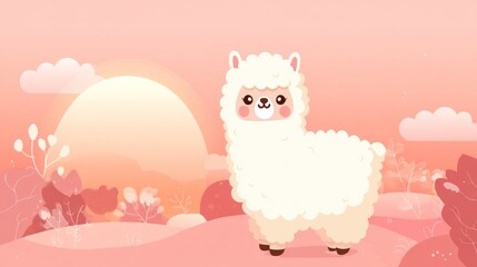 Obraz premium A cute, fluffy white alpaca stands in a pink, pastel-colored landscape with a large, round sun in the background, surrounded by trees and bushes.