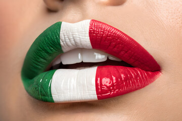 Colored woman lips make-up kiss. Beauty sexy model lips close-up.