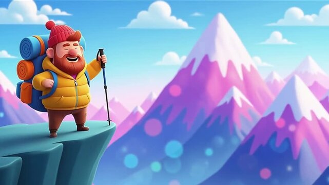 A joyful, rotund hiker with a backpack and trekking poles stands triumphantly on a cliff edge, overlooking a vibrant mountain range under a clear blue sky with scattered clouds