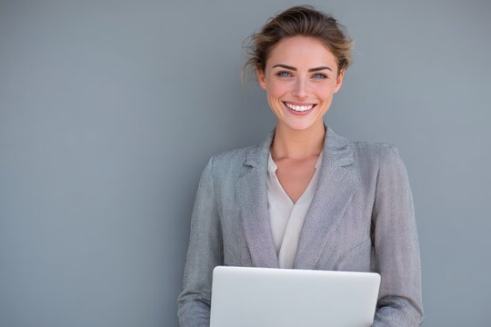 Smiling businesswoman in blazer holding laptop against neutral gray background