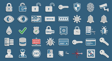 Collection of security elements representing data protection and privacy in a digital environment, showcasing safety measures and surveillance equipment.