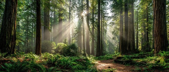 Obraz premium Sunlight streams through tall trees in a lush forest landscape natural environment