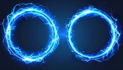 Two glowing blue electric energy circles with lightning and sparks on a dark background, abstract futuristic sci-fi portal or frame design element
