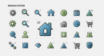 Collection of design system icons, representing user interface elements, web design, and digital communication