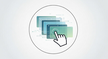 Hand cursor interacting with digital screens, showcasing user interface, touch technology, and interactive design