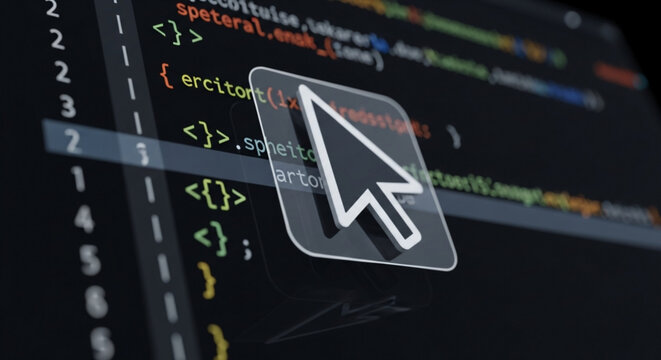 Closeup of computer screen with program code and mouse cursor software development, programming, coding, cybersecurity concept