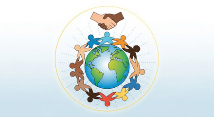 Diverse people from around the world join hands in unity and cooperation, symbolizing global collaboration and cultural harmony