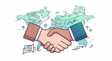 Global business partnership agreement handshake on world map, symbolizing international collaboration, deal, and success in global market