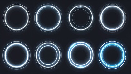 Futuristic HUD elements: Set of glowing neon circles and rings for UI, target, or technology design on dark background