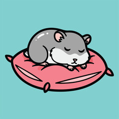 Gray hamster naps peacefully on a fluffy pink pillow. Suitable for pet care blogs, childrens illustrations, and animalthemed designs.