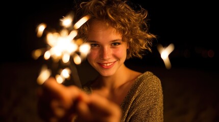 A young woman with curly hair holding a lit sparkler, smiling at the camera, with a blurred background of a beach and the ocean.
