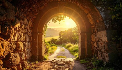 Obraz premium Ancient Stone Archway Overlooking Sunlit Countryside Path with Golden Hour Light and Lush Greenery