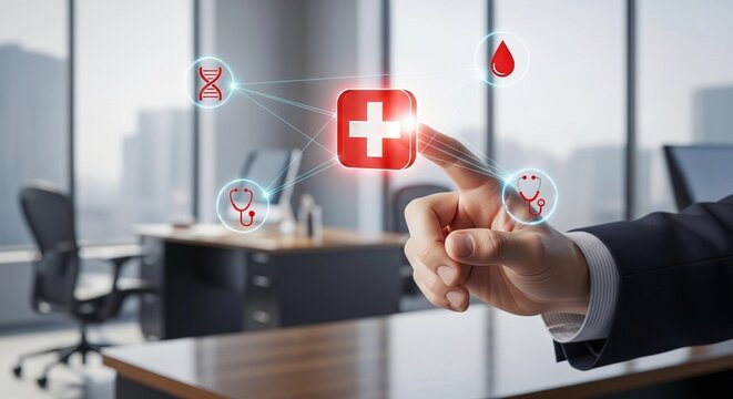 A businessman's finger touches a glowing red cross icon, surrounded by medical symbols, in a modern office setting.