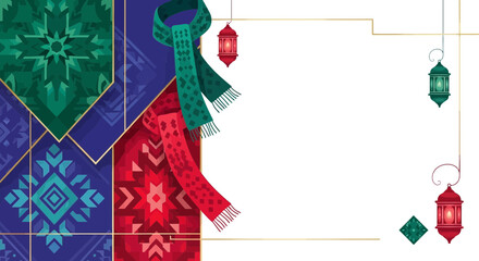 Fototapeta premium Vibrant cultural background with patterned textiles, hanging scarves, and decorative lanterns in red, green, and blue.