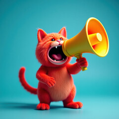 Fototapeta premium Funny red cat holds a yellow loudspeaker in its paws and screams on a blue background, a creative idea. Business and management, concept. Increase traffic, advertising and attention