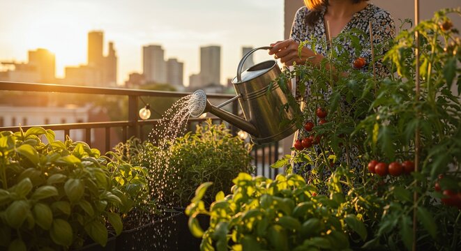 Mujer regando hortalizas en terraza de ciudad con luz dorada. Persona regando plantas de tomate cherry y albahaca en huerta de balc&oacute;n urbano.