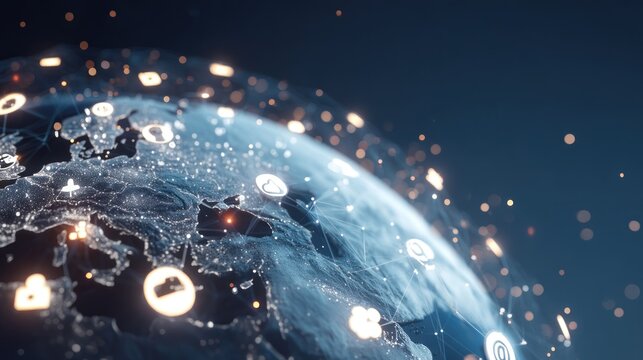 A globe with a network of connections and icons representing various global communication and technology networks. - Powered by Adobe