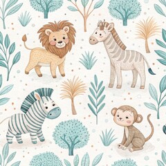Naklejka premium Watercolor seamless pattern depicting adorable safari animals lion zebras and a monkey in a jungle environment