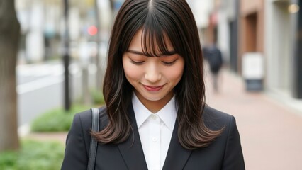 屋外でうつむき、優しく微笑むスーツ姿の女性