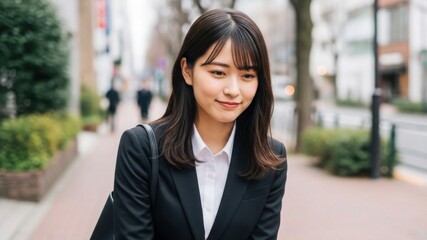 街の歩道を歩きながら、うつむき微笑むスーツの女性