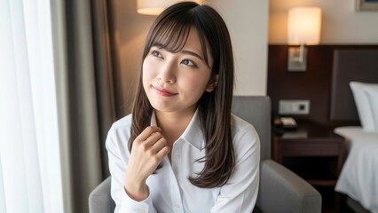 ホテルの部屋で椅子に座り、窓の外を見て微笑む女性