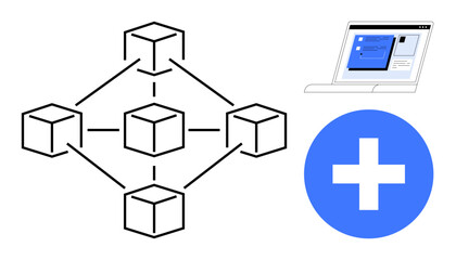 Connected blocks forming a blockchain structure, a computer screen showing a digital interface, and a blue plus sign. Ideal for technology, blockchain, healthcare, innovation, collaboration, data