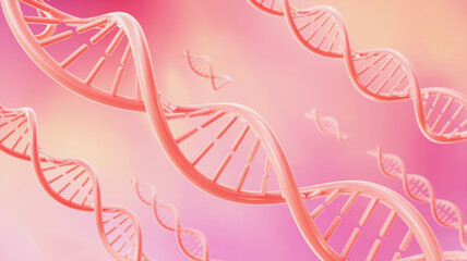A digital illustration of a DNA double helix rendered in soft pink and light purple gradient colors against a light pink background