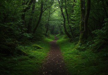 Fototapeta premium A secluded forest path covered in lush moss, evoking profound tranquility and deep isolation amidst dense emerald foliage ,calm ,vibrant ,undergrowth