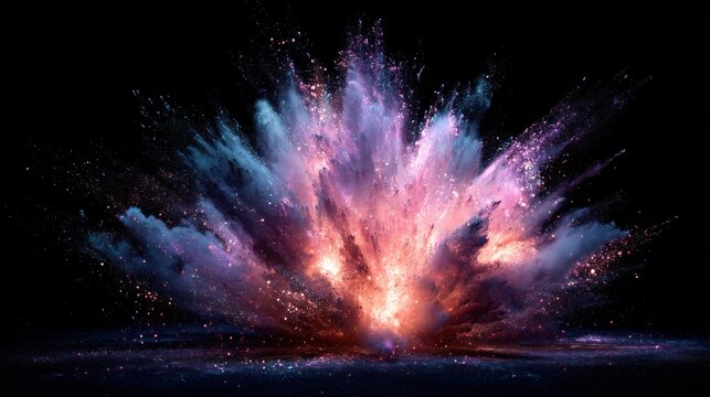 A colorful, dynamic explosion of powder against a black background, with hues of blue, pink, and purple, creating a visually striking and energetic scene. - Powered by Adobe