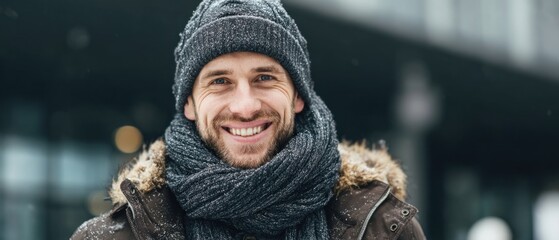Smiling man in winter clothing outdoors portrait with neutral background